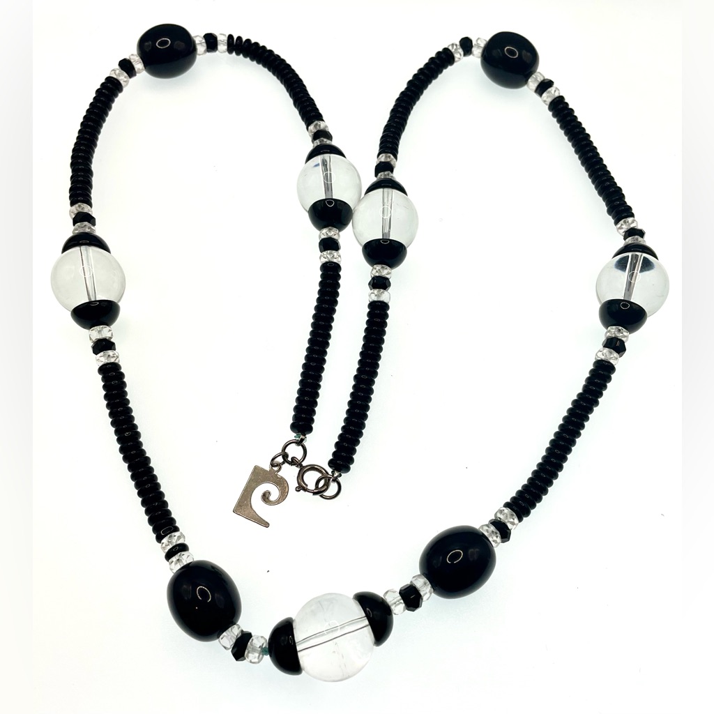 Vintage 80s Signed Pierre Cardin Large Lucite Bead Necklace Silvertone Modernist